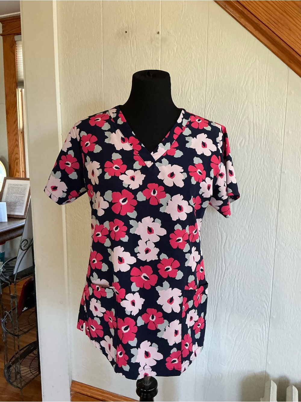 Floral V-Neck Women's Top in Navy with Pink & White Flowers